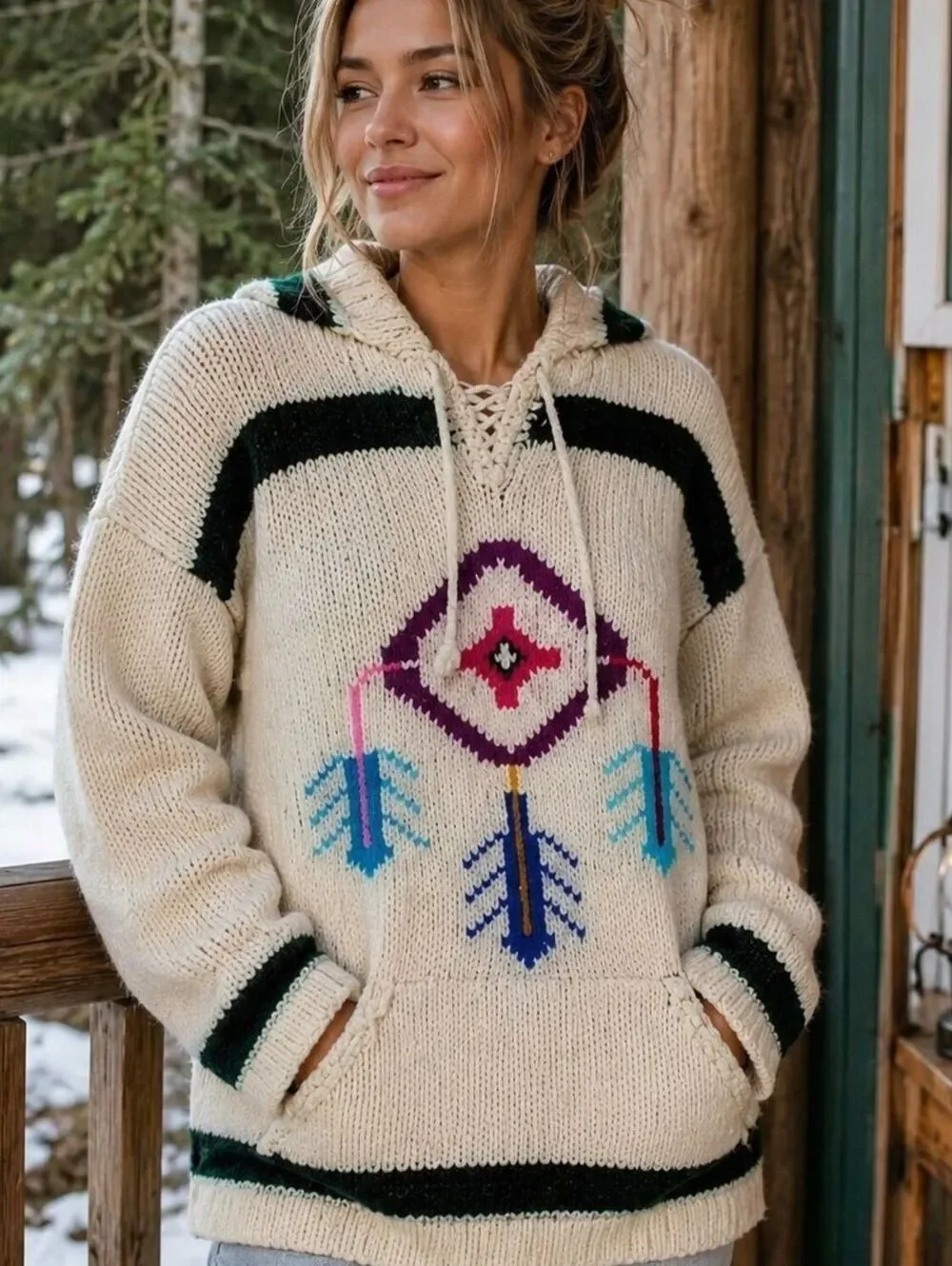 Vintage Medium Hand Knit Baja Pullover Cream Tribal Hoodie Kangaroo Pocket Knit